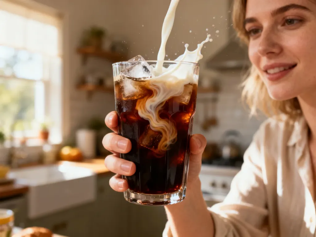 Szklanka z mrożoną kawą cold brew z lodem i wirującym mlekiem, trzymana przez kobietę w przytulnej kuchni.