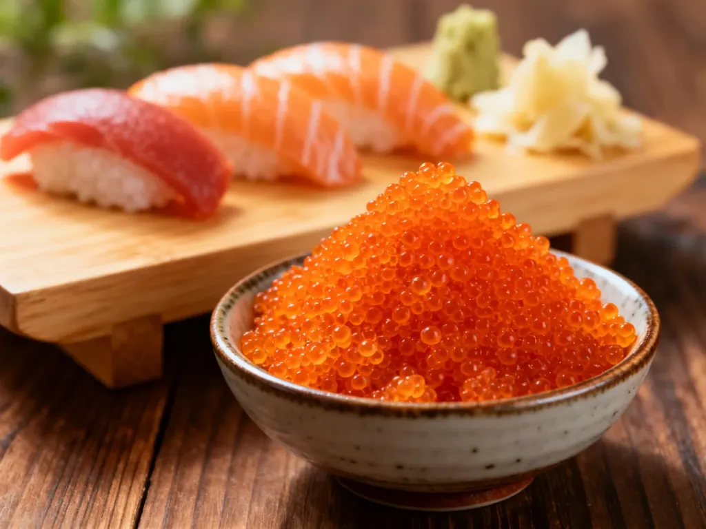 Mała ceramiczna miseczka z jaskrawopomarańczową ikrą tobiko na tle deski z sushi. Profesjonalne zdjęcie kulinarne.