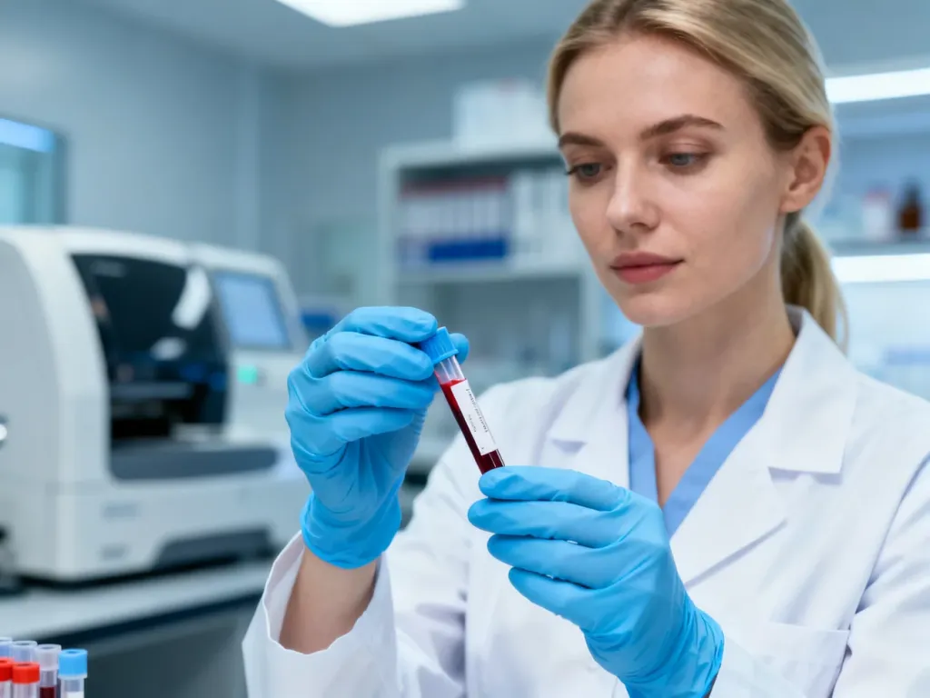 Pracownik laboratorium w białym fartuchu i rękawiczkach przygotowuje próbkę krwi do badania diagnostycznego.