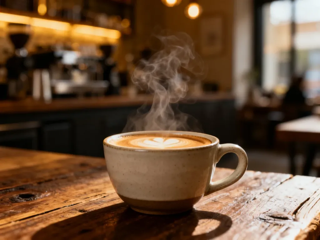 Parujący podwójny espresso w minimalistycznej filiżance na drewnianym stole, ukazujący gęstą cremę kawy.