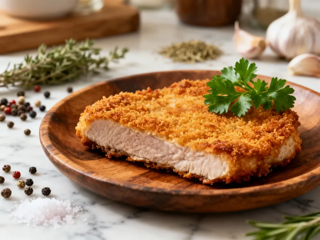 Złocisty, soczysty kotlet schabowy w panierce na drewnianym talerzu, otoczony przyprawami na kuchennym blacie.