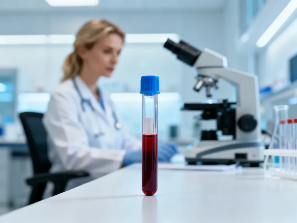 Probówka z próbką krwi na tle nowoczesnego laboratorium diagnostycznego podczas badania ANA.