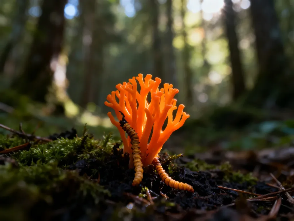 Jaskrawo-pomarańczowe grzyby Cordyceps wyrastające z mszystego, leśnego podłoża w naturalnym środowisku.
