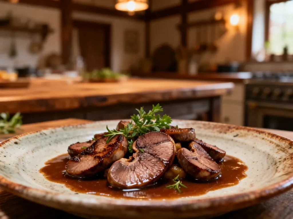 Apetycznie podane cynaderki w gęstym sosie demi-glace, serwowane na rustykalnym talerzu z ziołami.
