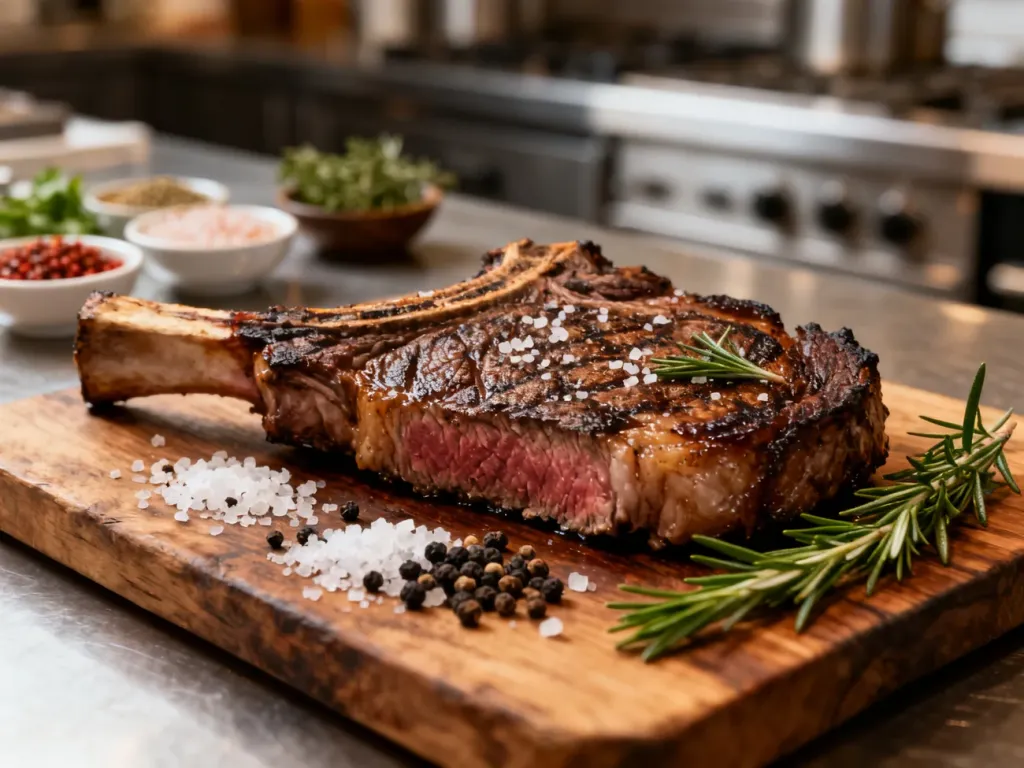 Soczysty stek ribeye na drewnianej desce, przyprawiony solą morską, pieprzem i świeżym rozmarynem.